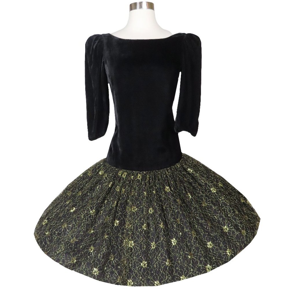 Vintage 80s Gold Lace Black Velvet Drop Waist Full Skirt Prom Party Dress S M